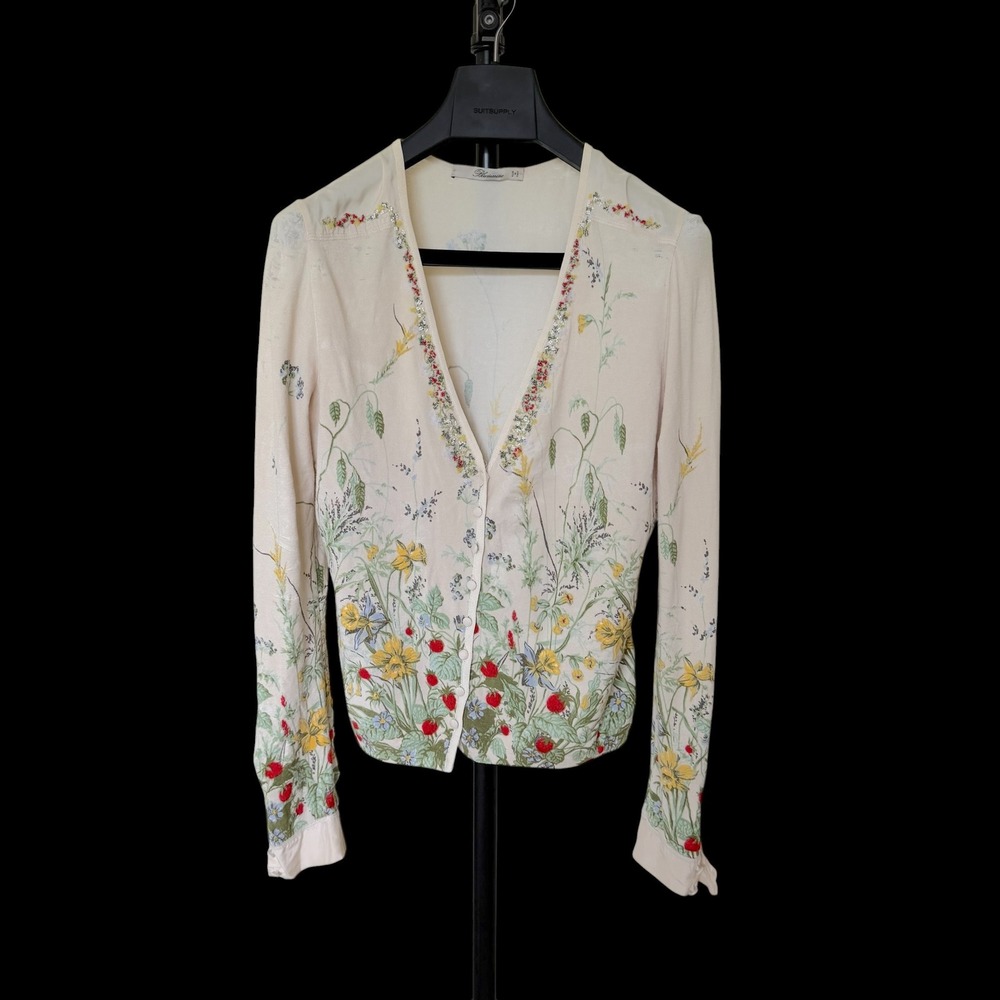 Blumarine Floral Strawberry Beaded Cardigan Cream Rayon Italy Distressed IT 46